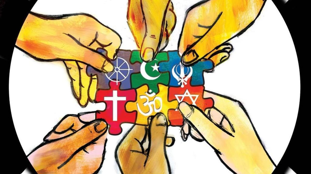300 dpi SW Parra color illustration of many hands connecting together puzzle pieces, each with a different religious symbol. The Fresno Bee 2009<p> religious tolerance illustration interfaith diversity symbol symbols puzzle pieces hands working together team global belief god cross om shanti islam judaism; krtfeatures features; krtnational national; krtreligion religion; krtworld world; krt; mctillustration; belief; faith; values value; REL; 12000000; 12002000; 12006000; 2009; krt2009; parra fr contributed coddington mct mct2009 2009