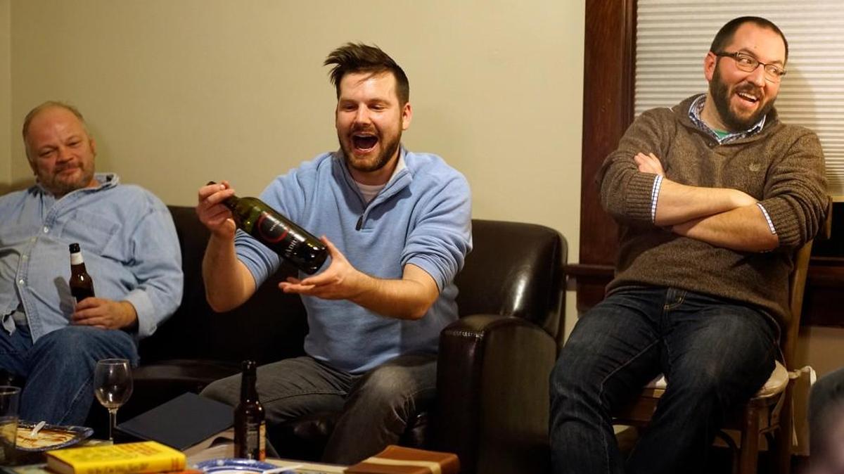 James Hamilton, Tanner Hall and Nicholas Tangen attend a monthly Bible and Brew. Over three hours, the group discussed mortality, work-life balance, discrimination and more.
