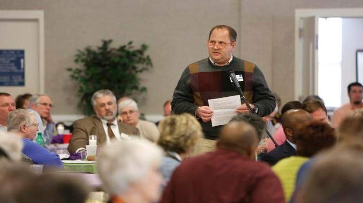 
Representatives from Presbyterian Churches in the Providence Presbytery met Thursday at Clover Presbyterian Church. Robert VanBevern speaks in favor of the amendment before the vote.
