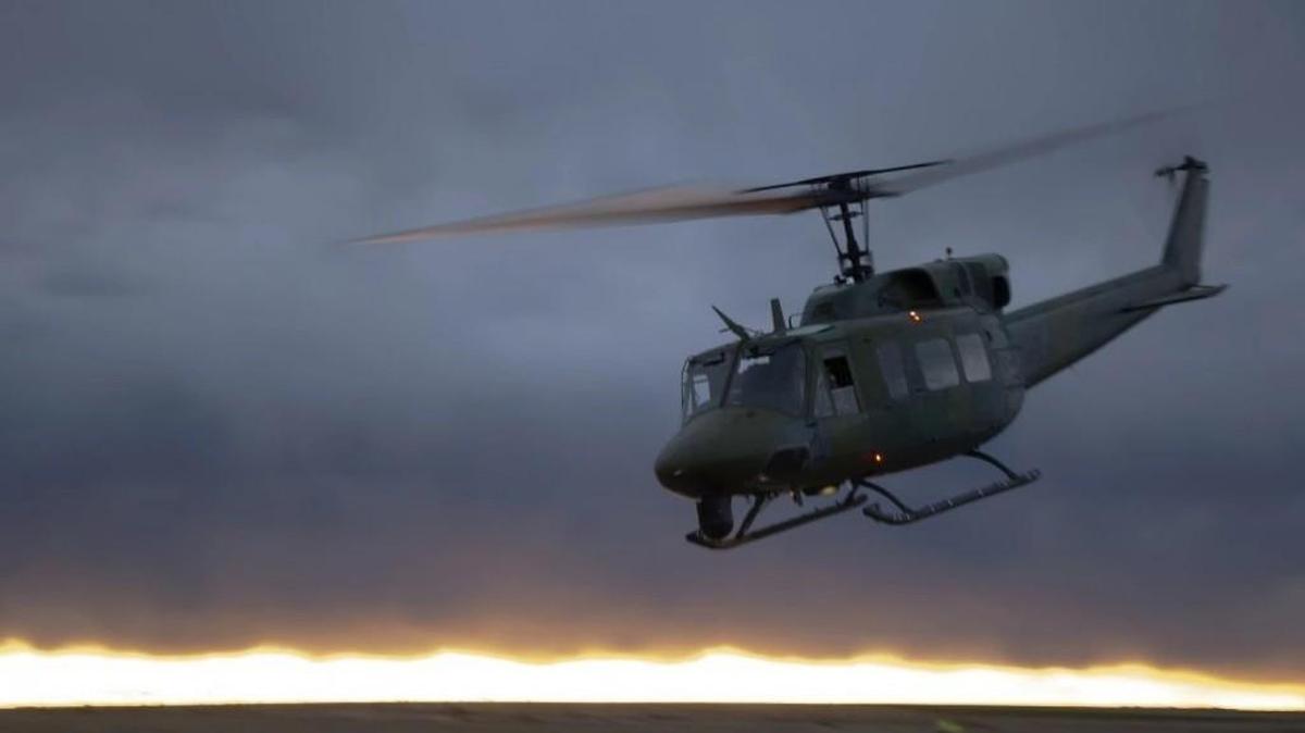 A UH-1N Bell helicopter flies during an exercise at the F.E. Warren Air Force Base in Wyoming.
