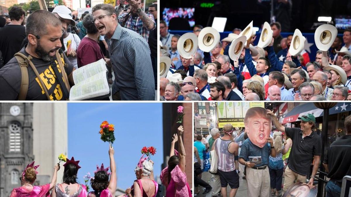 Clockwise from upper left: A man yells at an evangelical outside Quicken Loans Arena, site of the Republican National Convention; Convention goers, including Texans, raise their hats during the opening day of the convention; People try out cutouts of the Trumps in the background of a television shot on Fourth Street; a protest on the streets of Cleveland.