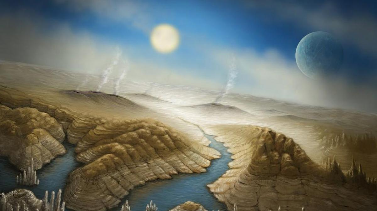 Artist impression of the surface of Kepler 452b. With a radius 60 percent larger than Earth, the planet has a better than even chance of having a rocky composition, and is likely to have a thick atmosphere and a significant amount of water.