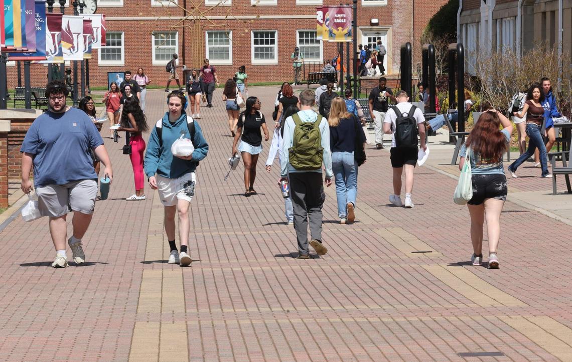 Winthrop University students walk on campus Tuesday in Rock Hill.