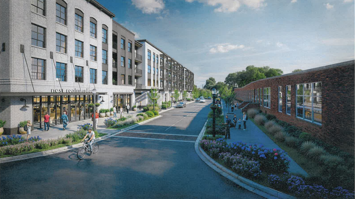 A Williamson Mill rendering shows pedestrian improvements and parking as part of a mill redevelopment in downtown Fort Mill.