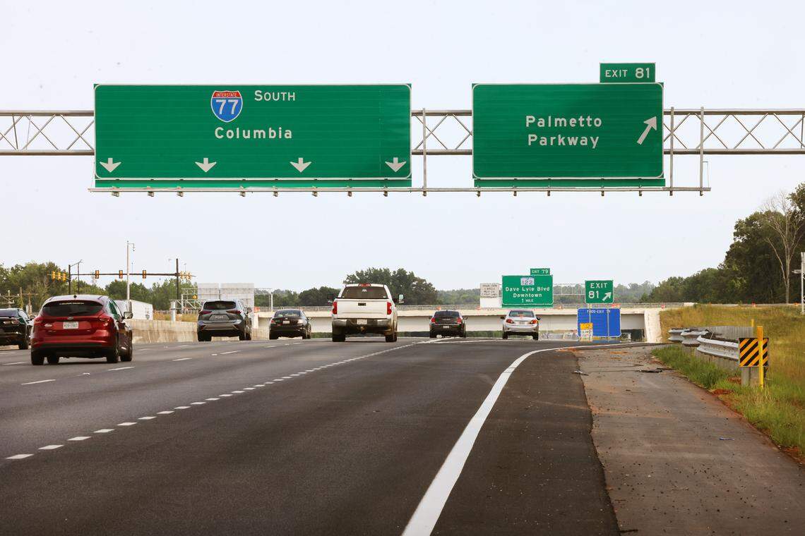 Traffic flows on Interstate 77 at the new Palmetto Parkway Exit 81 in Rock Hill. The new interchange was designed for the Carolina Panthers headquarters that pulled up and left two years ago.