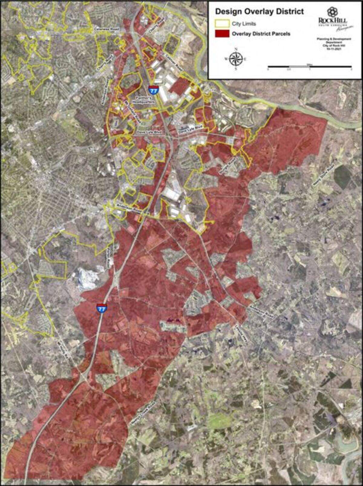 An overlay map shows hundreds of Rock Hill and York County properties that would fall under design standards that were set up with the Carolina Panthers still planned to put their headquarters in Rock Hill.