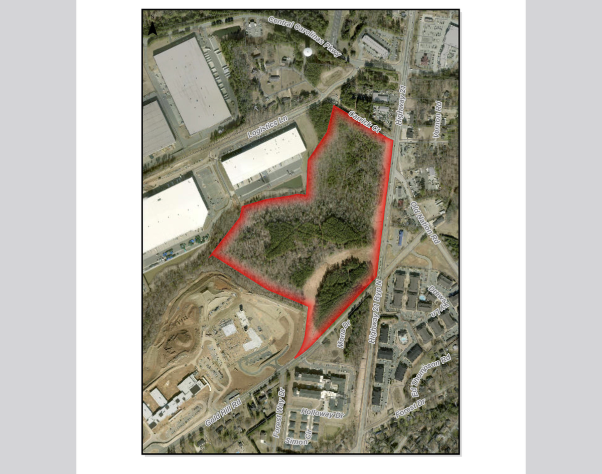 The image in red, at Gold Hill Road and U.S. 21 Bypass in Fort Mill, is up for rezoning in York County.