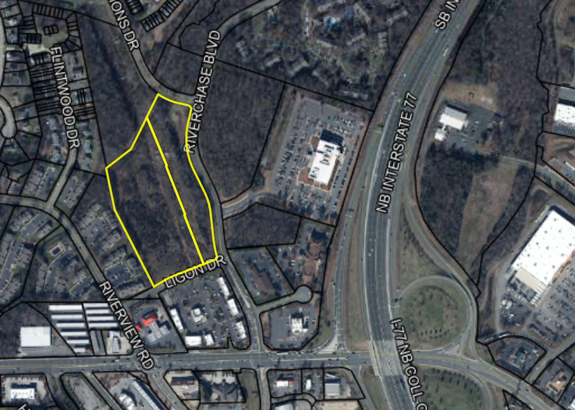 Properties in yellow show where two hotels are planned in Rock Hill.