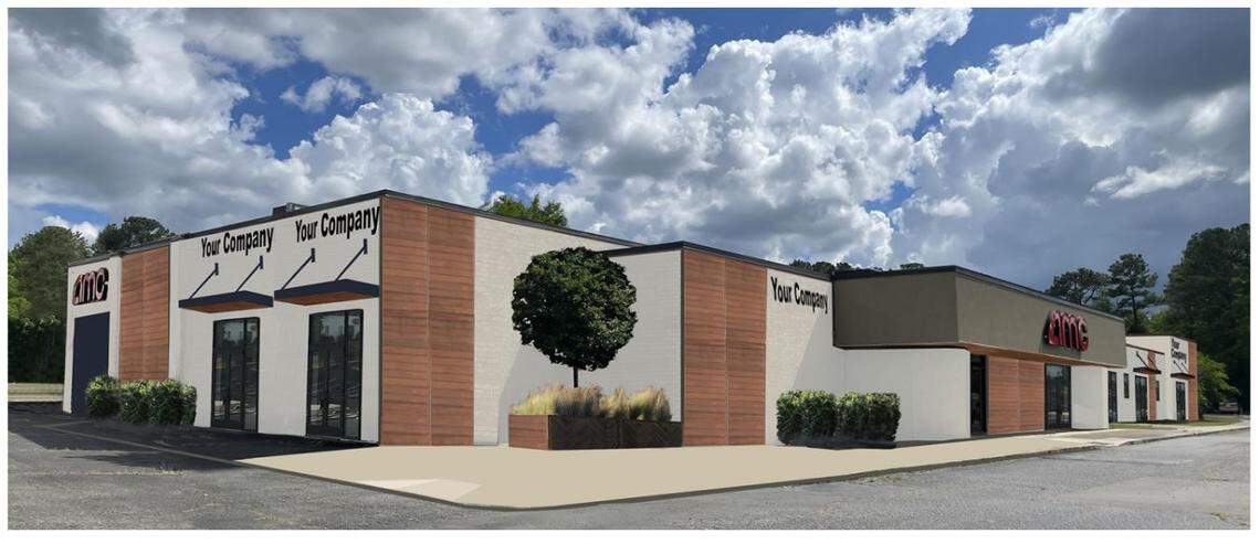 A rendering shows new plans for the former seven-screen movie theater on Cherry Road, which will become AMC Flexspace.