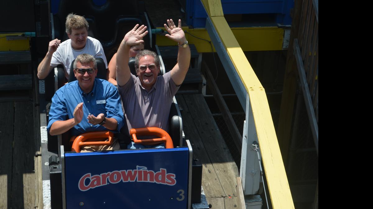 
Herald business editor Don Worthington, right, and Carowinds general manager Mike Fehnel, start one of the final rides on Thunder Road on Sunday.
