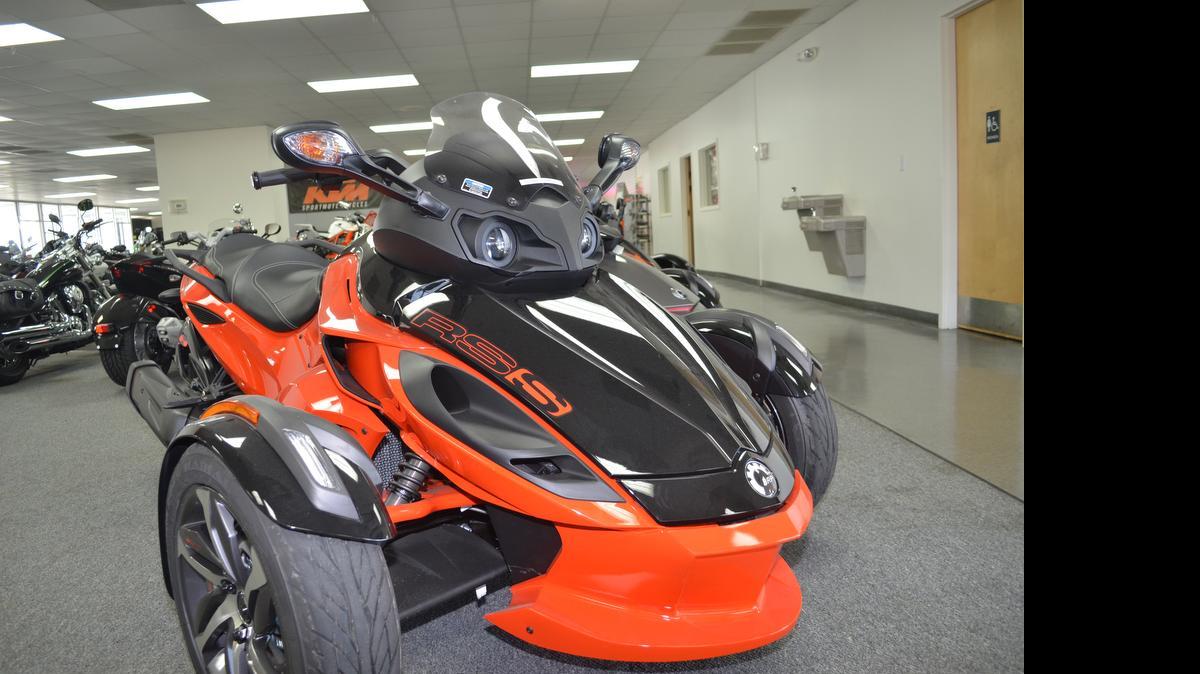 
The Can-Am Spyder has two front wheels and one in the rear. The manufacturer boasts the three-cylinder engine can push the bike from 0 to 60 miles per hour in just 4.3 seconds.
