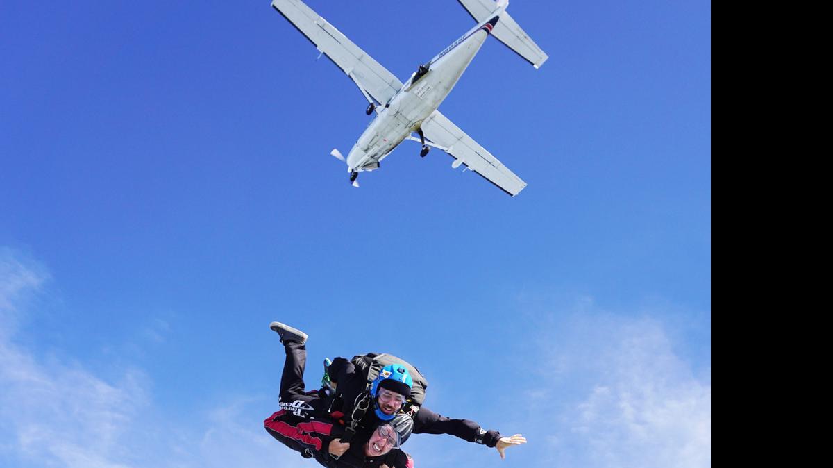 
Daniel Hammond and a tandem partner free fall during a recent jump at Skydive Carolina in Chester. 
