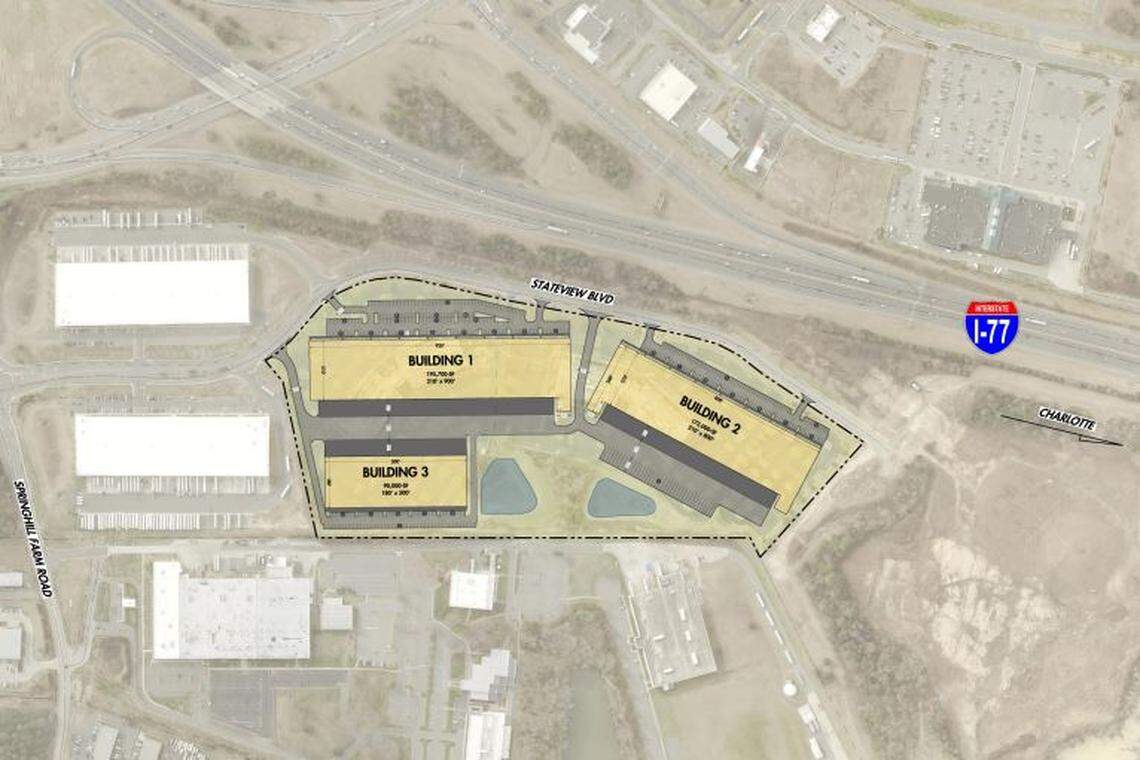 A concept plan shows new warehouse space in Fort Mill to replace the Wells Fargo home mortgage servicing offices.