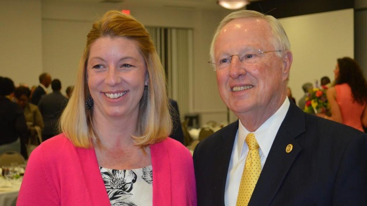 Brooke Clinton, left and Jim Fuller at the annual Chester County Chamber of Commerce banquet. Fuller recently retired after nine years at the helm of chamber and was replaced by Clinton, a near life-long resident of Chester County.