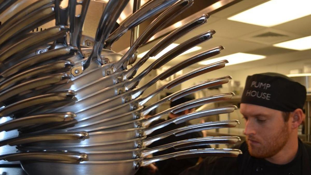 Skillets await orders at the Pump House Restaurant in Rock Hill which opened Thursday.