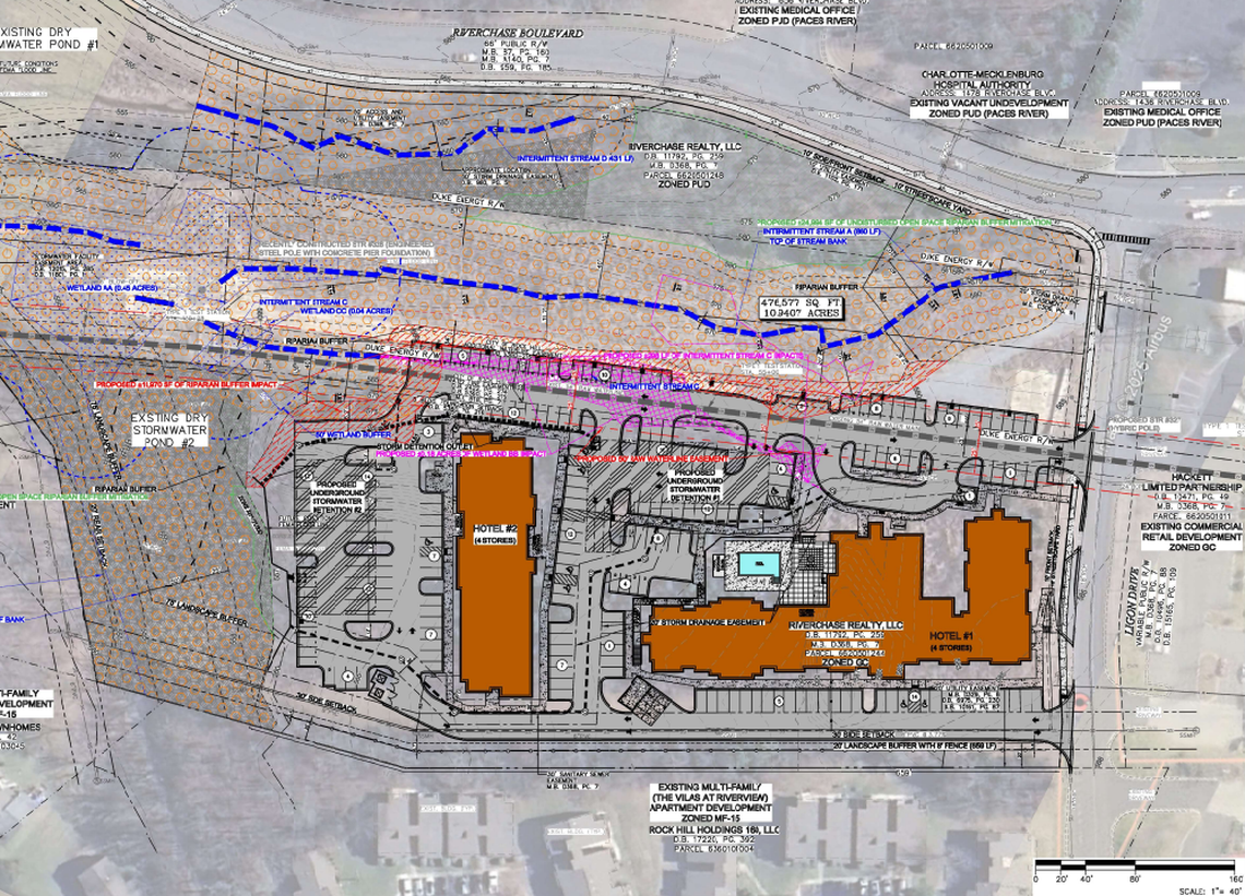A site plan shows two proposed hotels in Rock Hill.