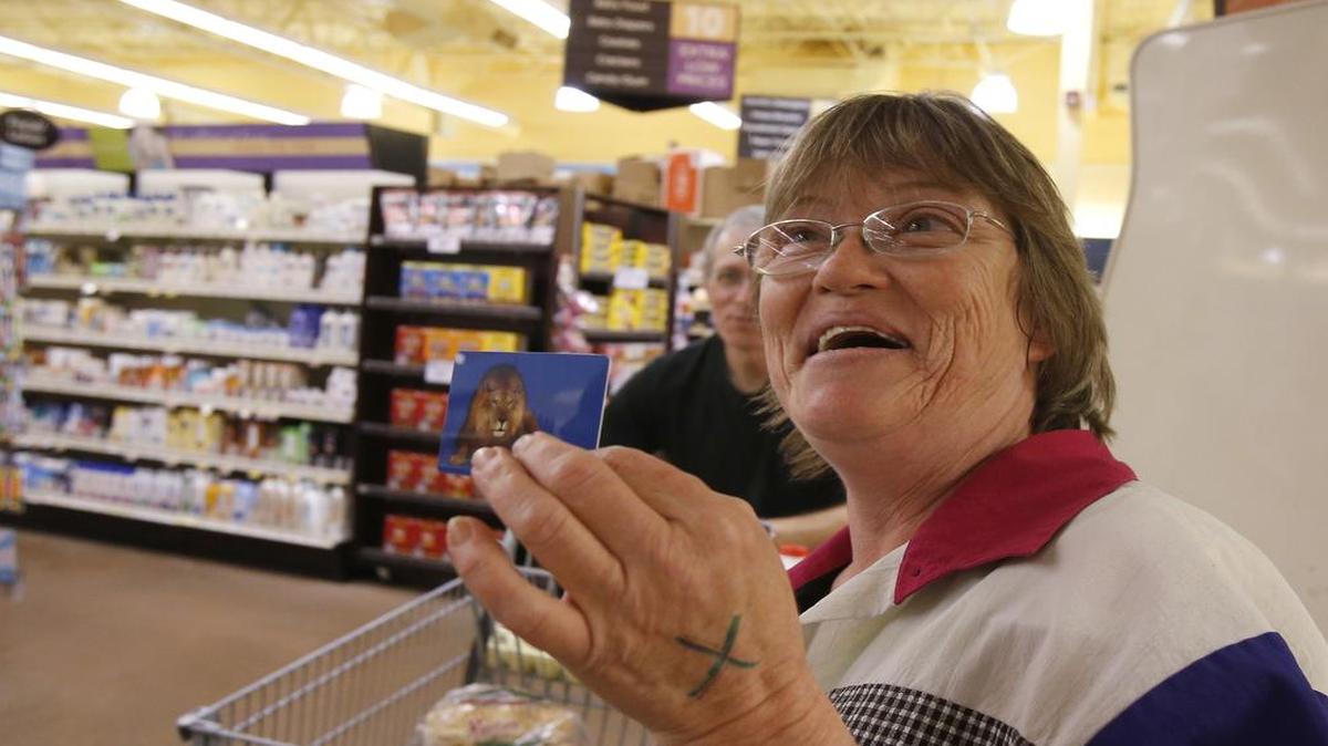 Food Lion was passing out $100 gift cards to 90 shoppers Wednesday afternoon in the store on Ebenezer Road in Rock Hill . Debbie Pickens shows her gift card. She and her husband, Randy, from McConnells, were having steak and red beans and rice for dinner.