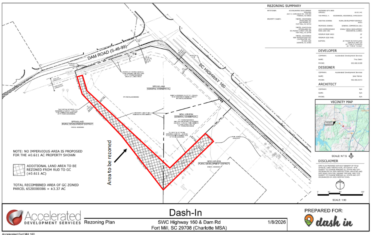 A rezoning between Fort Mill and Indian Land would allow for a Dash In restaurant and fuel station, with a car wash.