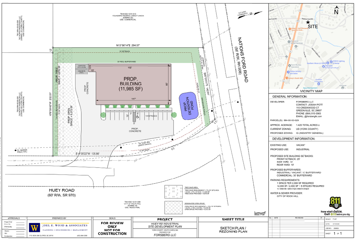 A new industrial building in Rock Hill is contingent on whether the city requires an extension of Huey Road, to Nations Ford Road.