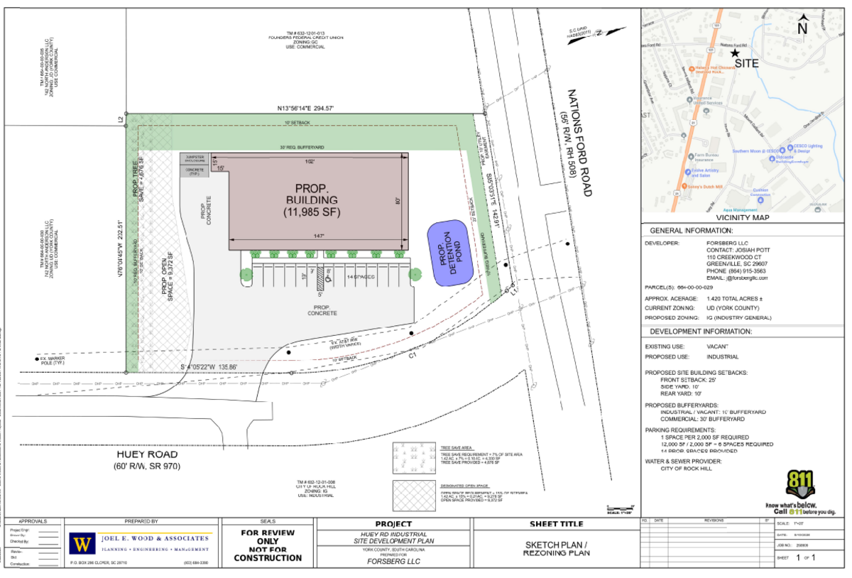 A new industrial building in Rock Hill is contingent on whether the city requires an extension of Huey Road, to Nations Ford Road.