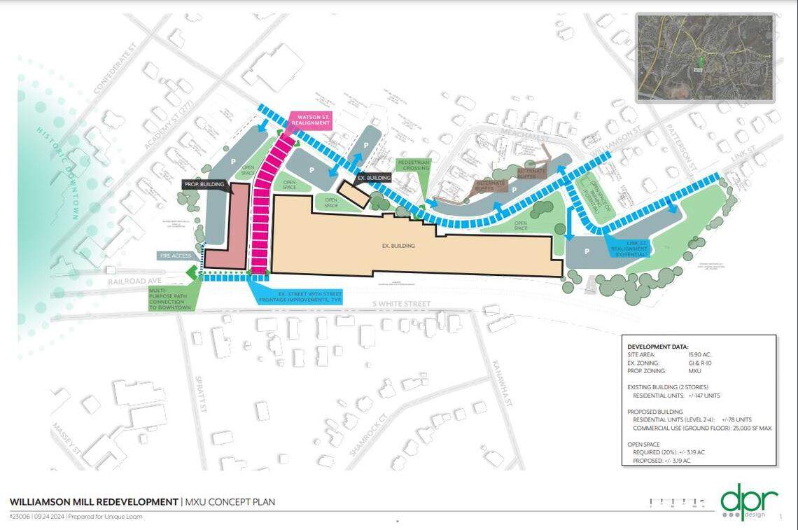A concept plan for Williamson Mill in downtown Fort Mill shows apartments in an historic mill, and also in a new building near Railroad Avenue.