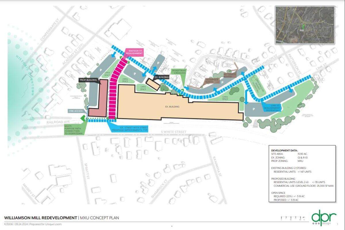 A concept plan for Williamson Mill in downtown Fort Mill shows apartments in an historic mill, and also in a new building near Railroad Avenue.