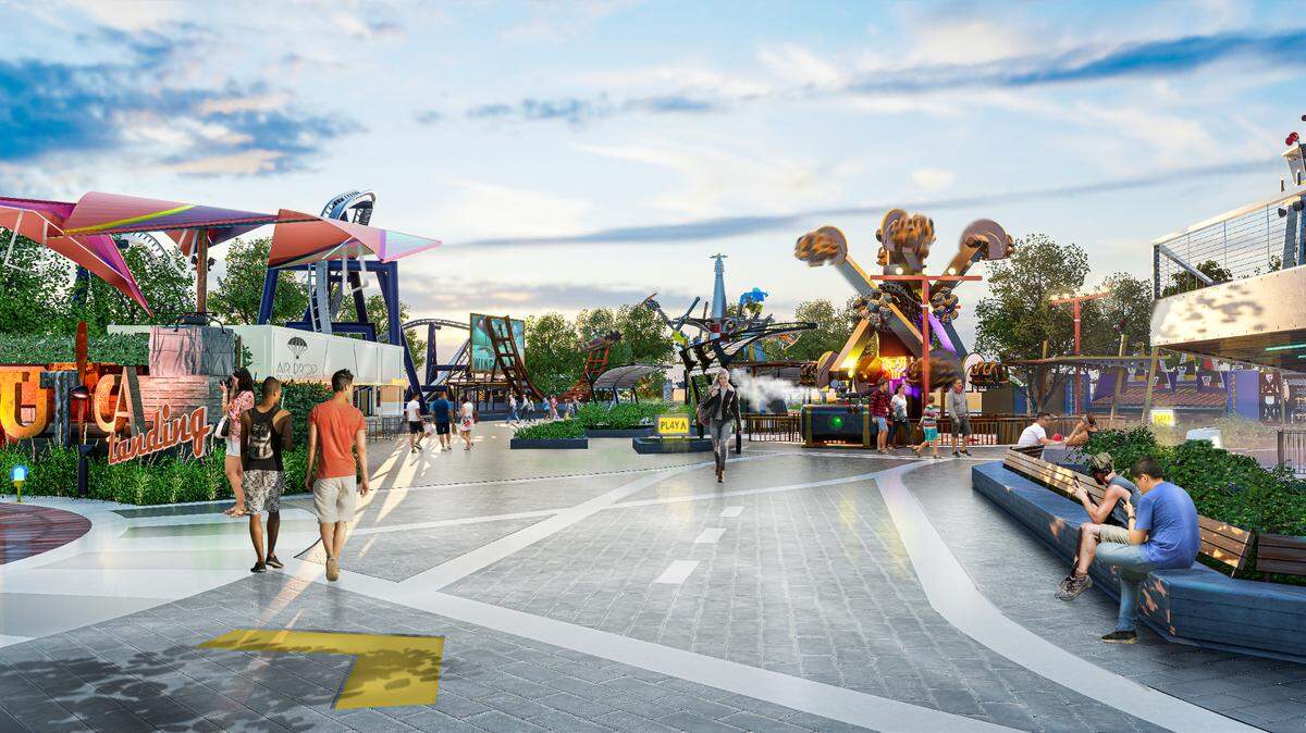 A rendering of Aeronautica Landing shows flight-themed additions planned at Carowinds.
