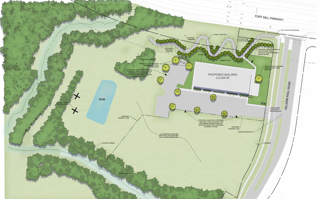 This layout shows a retail building off Fort Mill Parkway, set for property in front of the Elizabeth subdivision.