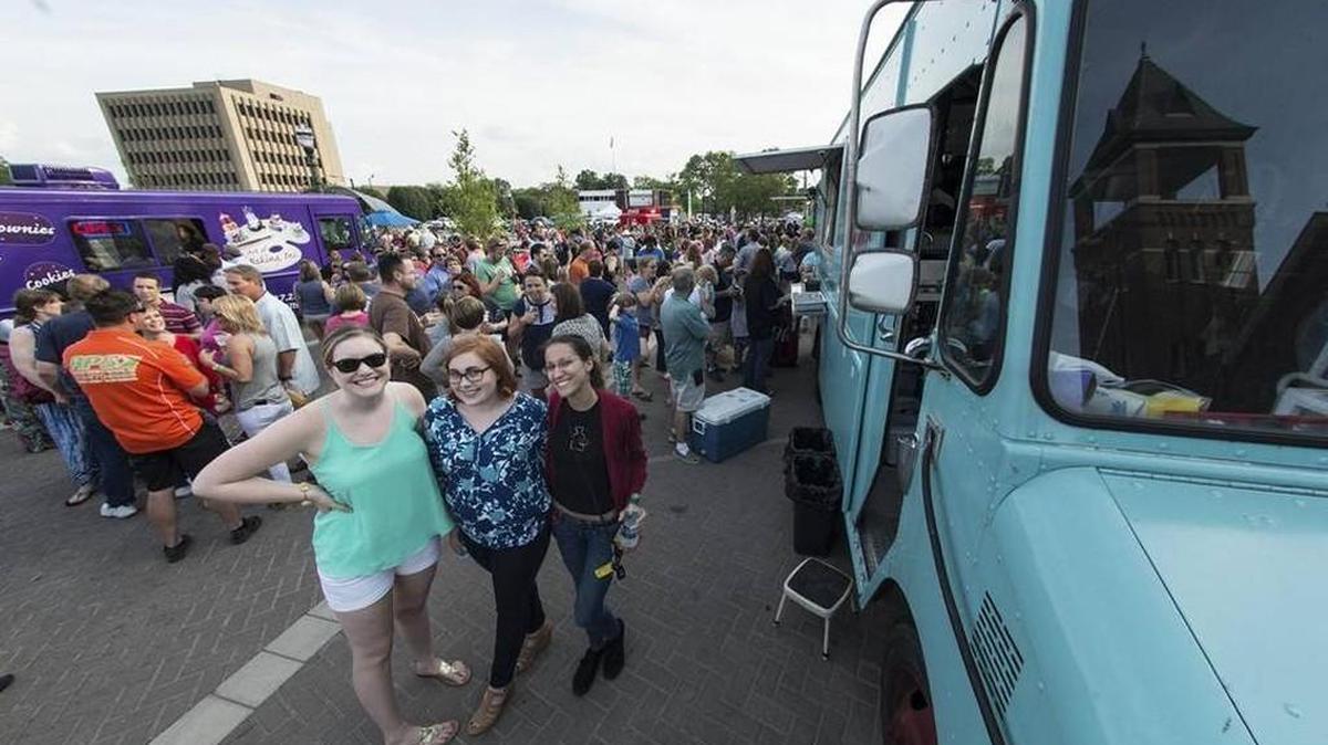 
A crowd gathers in Rock Hill for Food Truck Friday at Fountain Park.
