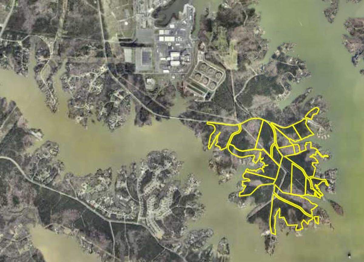 Titan Land Holdings owns the property in yellow, and has plans to put new homes on it. Catawba Nuclear Station is shown nearby, also on the Concord Road peninsula in Lake Wylie.