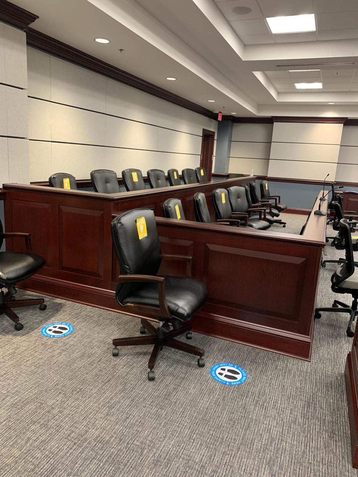 Jurors will sit in the jury box and on the floor to ensure social distancing at the Moss Justice Center in York County, South Carolina during the COVID-19 pandemic.
