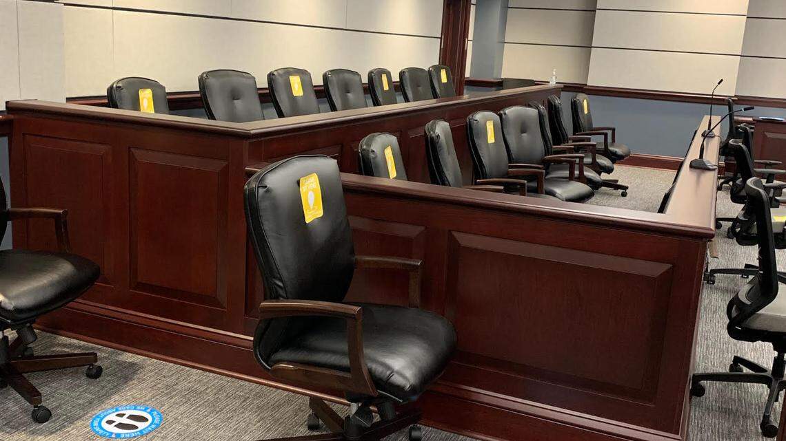 Jurors will sit in the jury box and on the floor to ensure social distancing at the Moss Justice Center in York County, South Carolina during the COVID-19 pandemic. In Wake County, which holds its first jury trial in the pandemic today, jurors sit in the audience.
