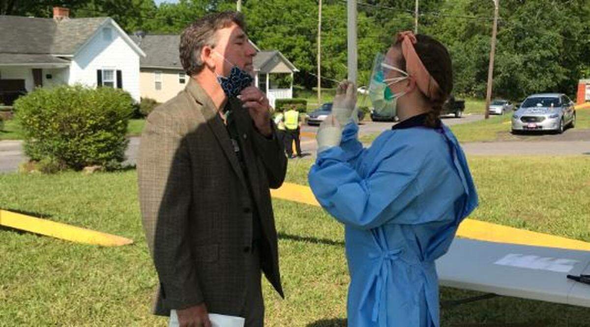 City of York Mayor Mike Fuesser is tested for coronavirus Friday, May 22, 2020, at a free Covid-19 testing site at Clinton Chapel AME Zion Church in York, South Carolina.
