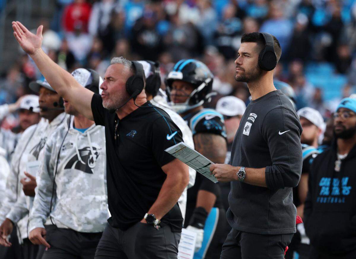 Panthers head coach Dave Canales watches the game against the Chiefs Sunday at Bank of America Stadium.
