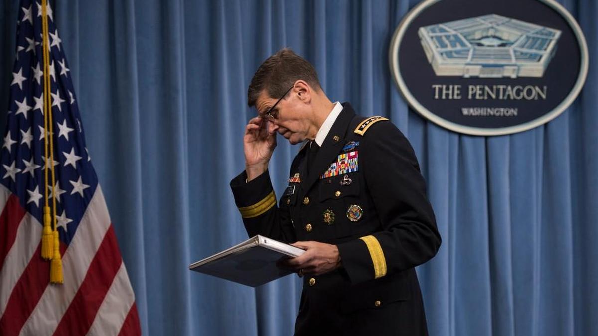Army Gen. Joseph Votel, Commander of U.S. Central Command, leaves after briefing reporters on the release of the investigation into the U.S. airstrike on the Doctors With Borders trauma center in Kunduz, Afghanistan.