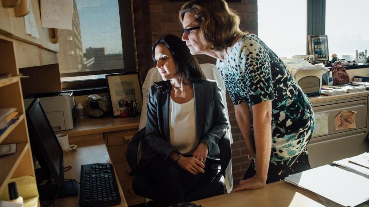 Dr. Rachel Marsh, left, and Dr. Moira Rynn look at participants’ brain scans at the New York State Psychiatric Institute at Columbia University Medical Center.