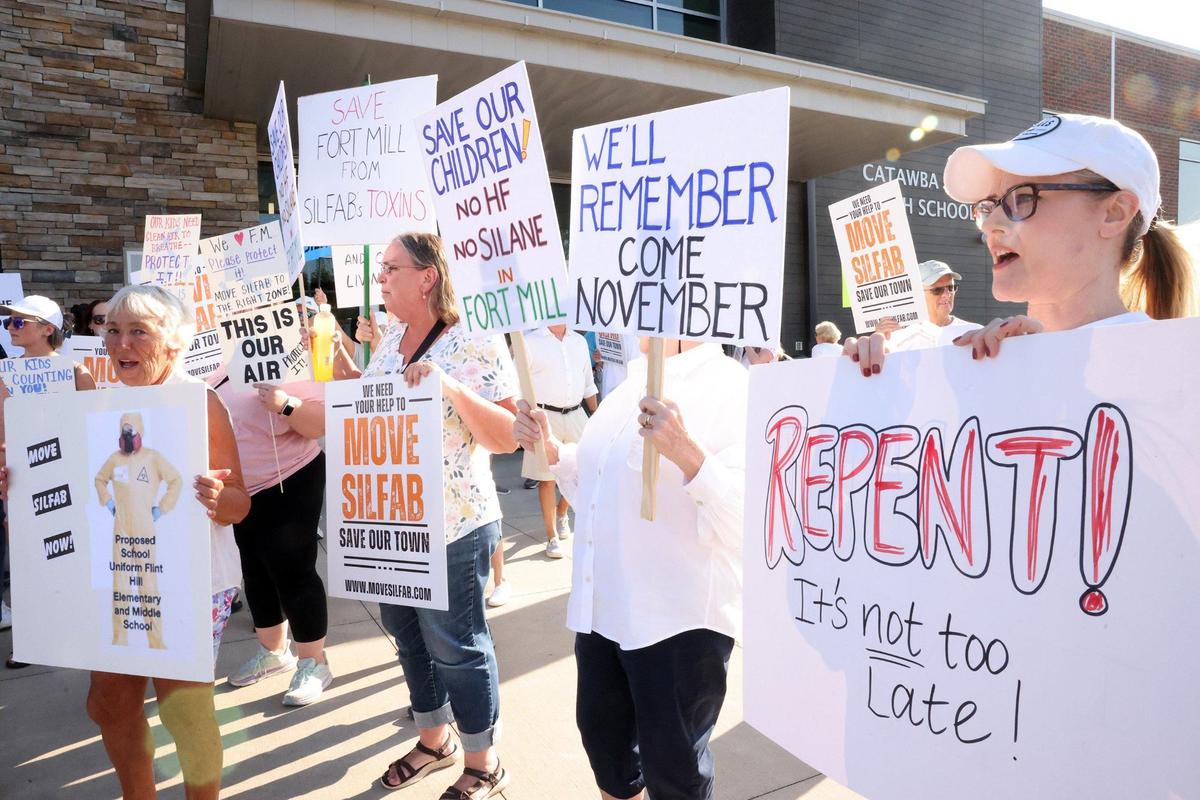 Hundreds of people gathered in protest Tuesday evening at Catawba Ridge High School in Fort Mill, where U.S. Rep. Ralph Norman held a forum on the Silfab Solar plan to make solar panels on Logistics Lane.
