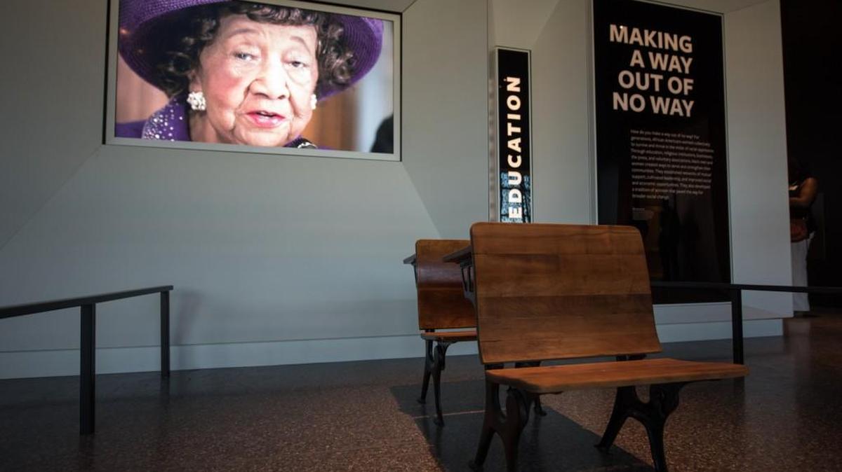 Desks from the Hope School in Pomaria, S.C. are on display at the Smithsonian National Museum of African American History and Culture in Washington, D.C., on Sept. 14, 2016.