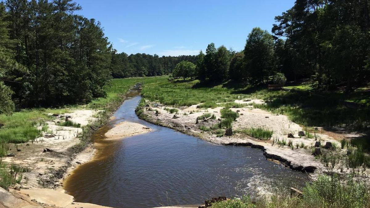 Pine Tree Lake levels are down dramatically because its dam broke during last October’s flood.