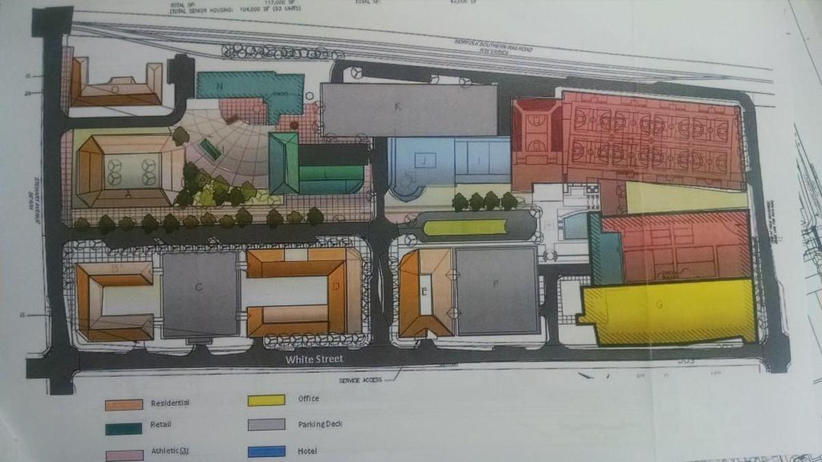 A revised master plan map of the Knowledge Park development on White Street in Rock Hill. An indoor sports complex has been added to the upper right corner, along the train tracks north of Wilson Street.