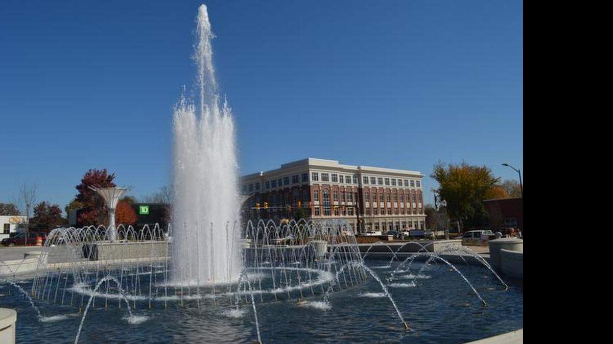 FILE. The fountain at Fountain Park is seen during recent testing. In the background is the Fountain Park Place office building at the intersection of East Main Street and Elizabeth Lane in downtown Rock Hill.
