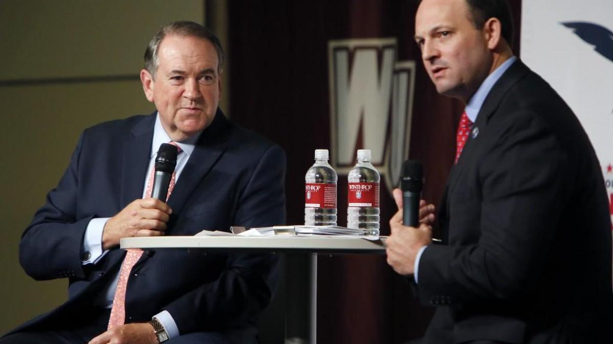 GOP presidential hopeful Mike Huckabee, left, spoke at a Winthrop University forum on the Constitution and the Supreme Court in September, along with S.C. Attorney General Alan Wilson.