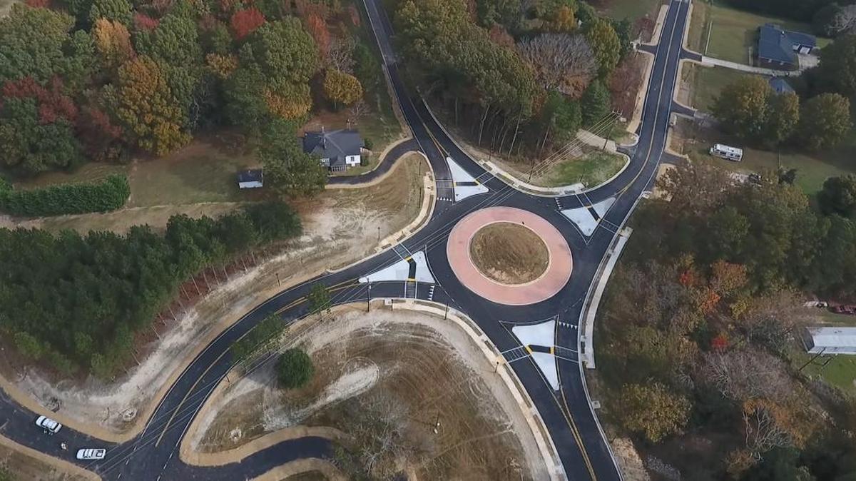 This aerial photo shows the new roundabout at the intersection of Congress Street and Lincoln Road in York. The project was funded by Pennies for Progress.