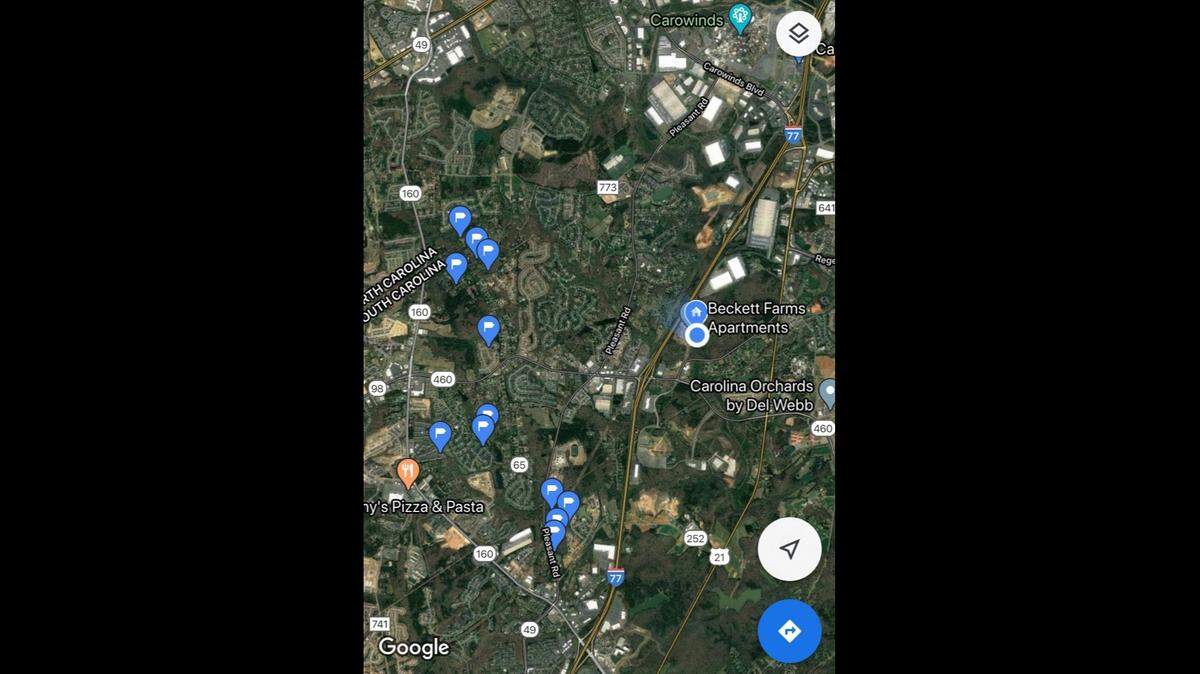 Five-year-old Oakley was found after missing for 13 days. The 8-pound dog made her way to multiple Fort Mill area neighborhoods, nearly crossing into North Carolina. Pictured is a map of sightings based on tips from community members.