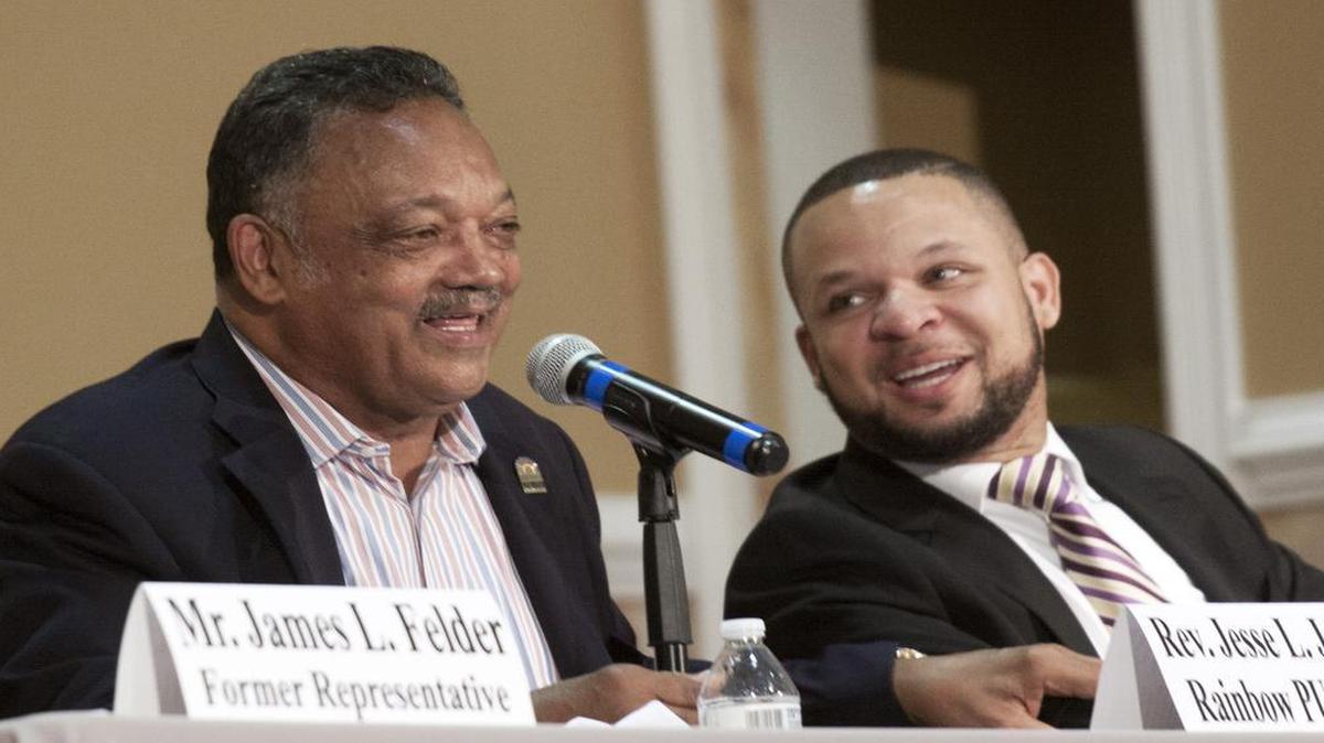 
The Rev. Jesse Jackson, left, and state Rep. John King, D-Rock Hill, share a laugh at the Freedom Center in Rock Hill on Tuesday.
