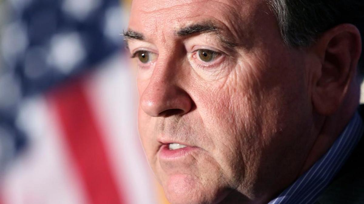 
Republican presidential hopeful Mike Huckabee speaks to the media in Little Rock, Ark., Monday, Aug. 24, 2015. 
