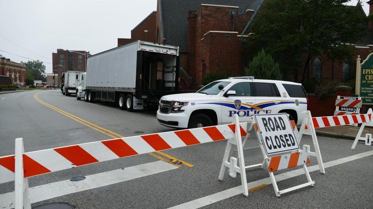 
The intersection of East White and Oakland Avenue is blocked for crews to film “Outcast.”
