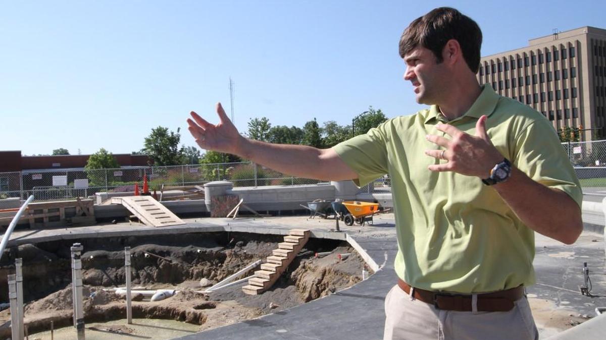 Rob Green, project manager for the City of Rock Hill, talks about the progress of the fountain repairs at Fountain Park in downtown Rock Hill on Wednesday.