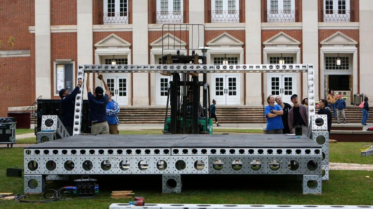 Workers at Winthrop on Wednesday assemble the set in front of Byrnes Auditorium for the MSNBC show “Hardball” with Chris Matthews that will be broadcast live Friday before the Democratic presidential candidates forum at 8 p.m.