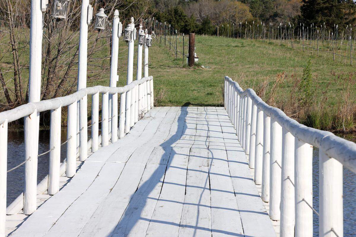 A bridge leads to the grapevines at Laurel Haven Winery.